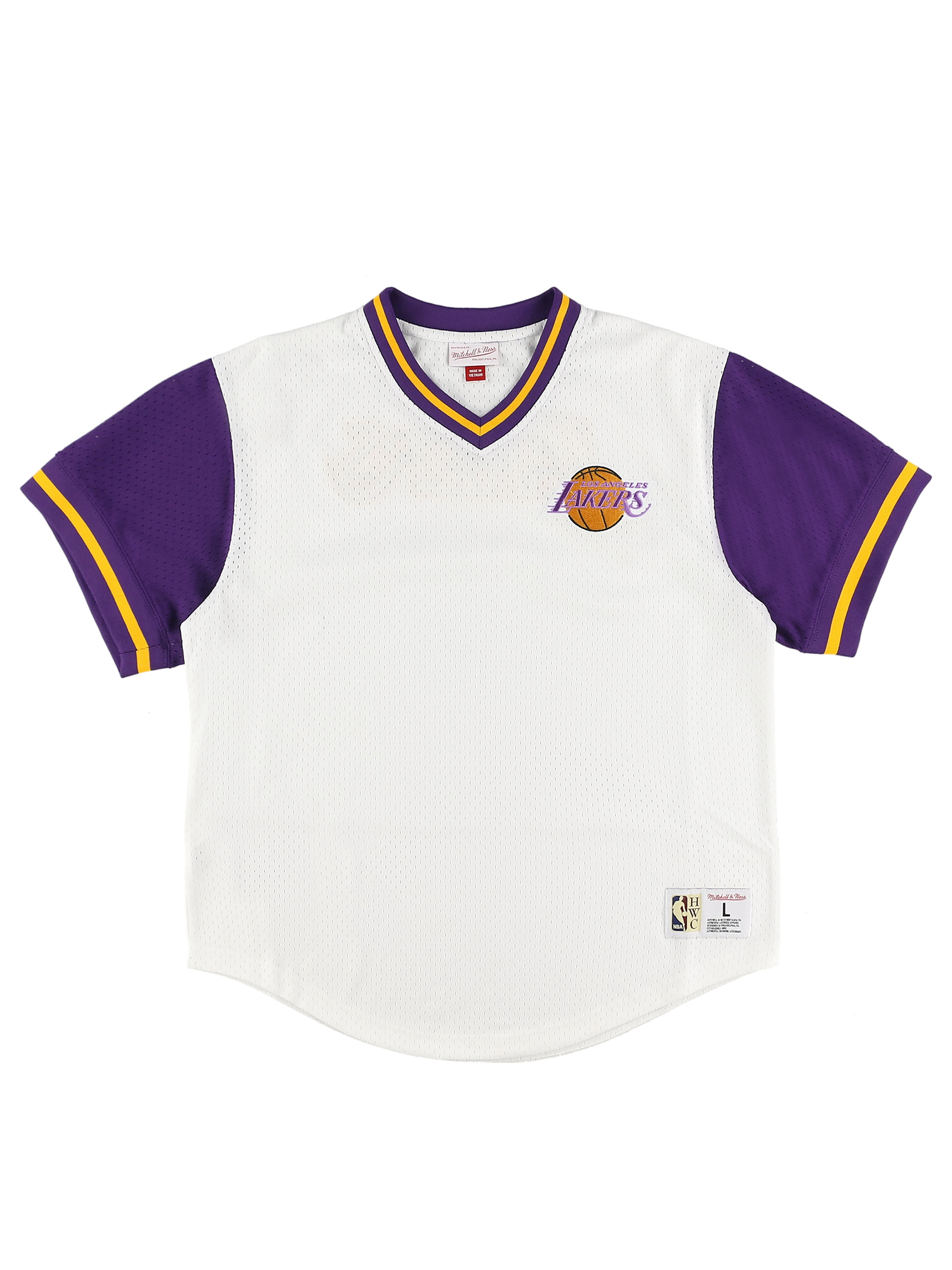 Shop Mitchell & Ness Fashion Mesh LA Lakers V-Neck Tee Jersey  TMVN1230LAL-WHT white